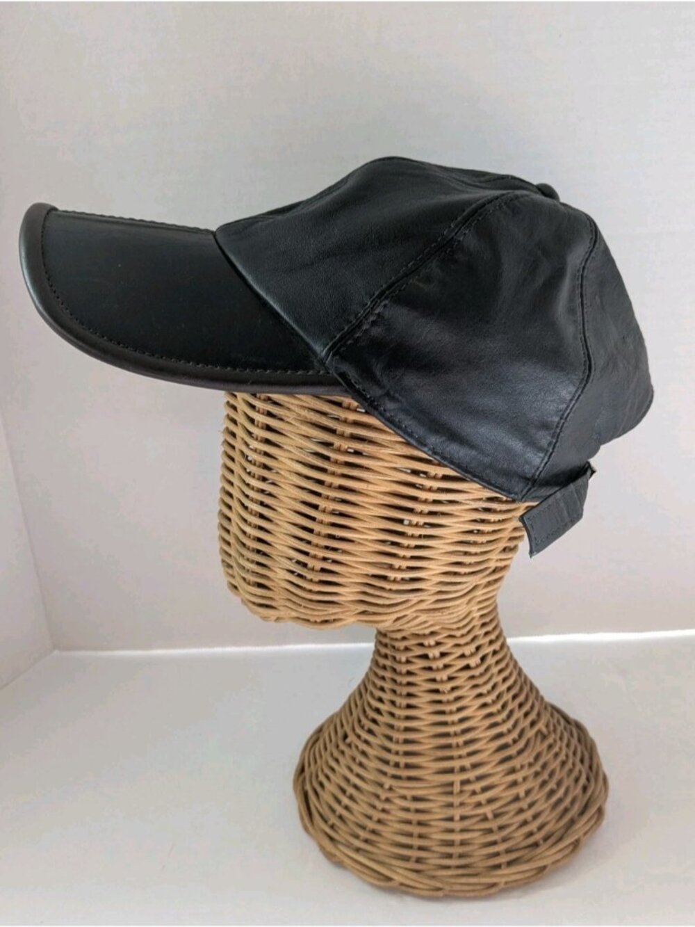 Vintage Black Leather Baseball Cap Adjustable Strap Lined Classic Retro Hat 90s